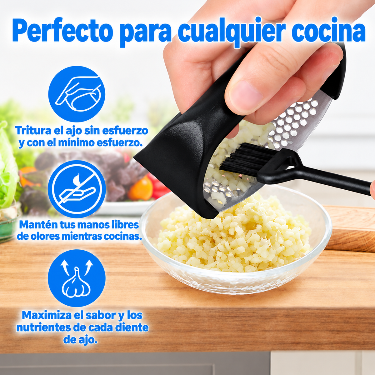 Prensa de ajo con mecanismo basculante
